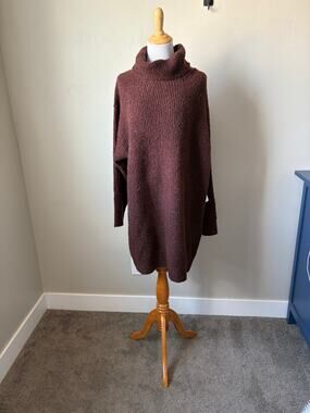 Mikarose Brown Turtleneck Sweater Dress Sz L Fluffy Soft Casual Office Career